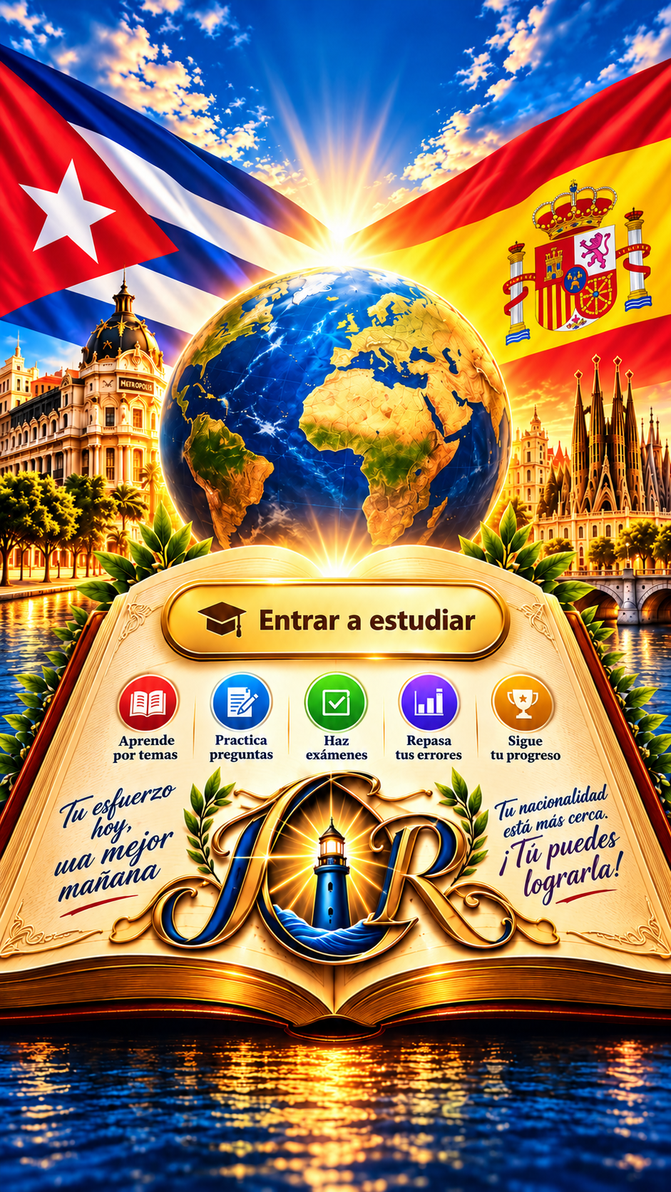 Portada con banderas de Cuba y España, un globo, un libro con el faro JCR y cinco actividades para estudiar la nacionalidad española